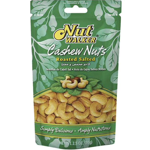 Roasted salted cashew nuts from Nut Walker, a delicious confectionery snack featuring crunchy, salted cashews in a natural setting.