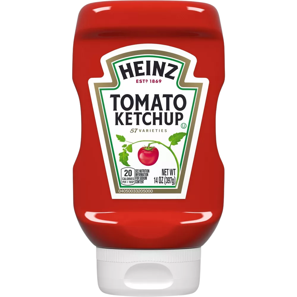 Heinz Tomato Ketchup bottle with red cap and label, placed on a grocery store shelf.