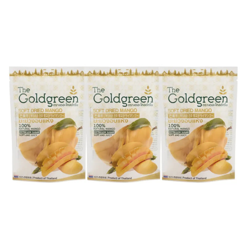 Dried mango slices from THE GOLDGREEN in a 200g pack, showcasing bright orange, chewy dried fruit for healthy snacking.
