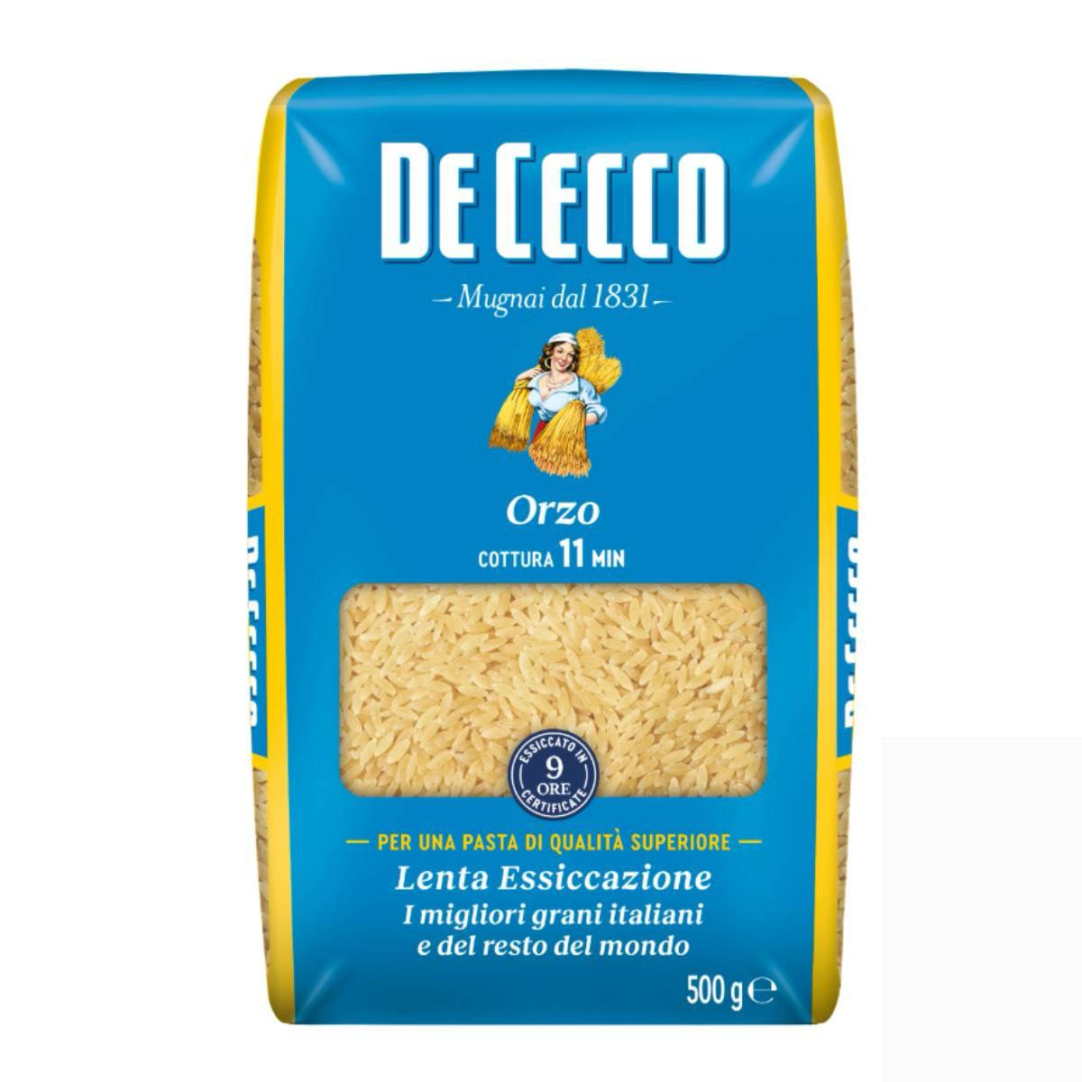 De Cecco Orzo n'74 in a grocery package, showing the dried barley-shaped pasta with the De Cecco branding on the label.