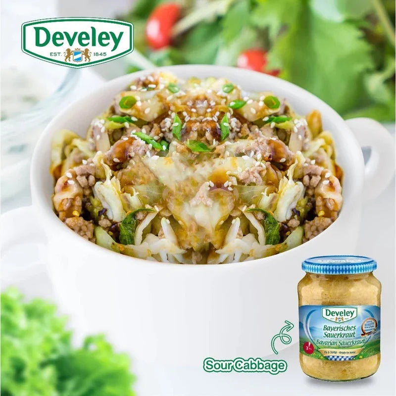 Develey Sour Cabbage in 680g bottle, dry grocery product with fermented, tangy cabbage visible in the container.
