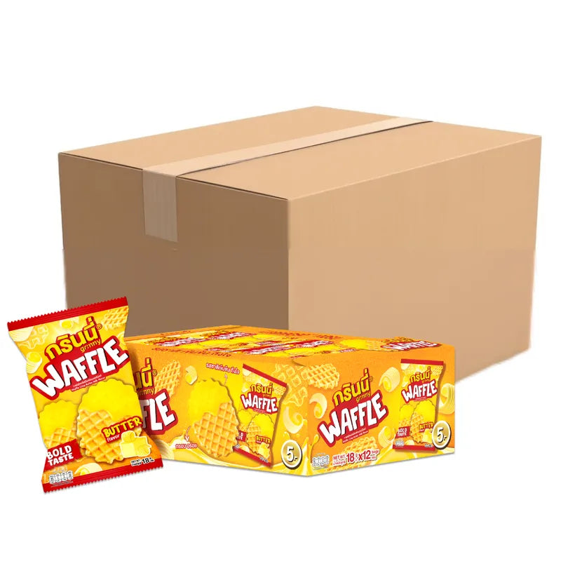 Grinny Waffle Crisp Butter Milk flavor snack pack, 18g x12, dry grocery confectionery with crispy waffle treats