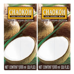 Chaokoh Coconut Milk 1L bottles in a pack of two, featuring the Thai brand logo and white coconut milk inside clear plastic bottles.