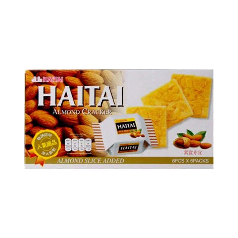 Haitai Cracker Almond flavored snack in 133g package, dry grocery snack confectionery with crunchy almond flavor.