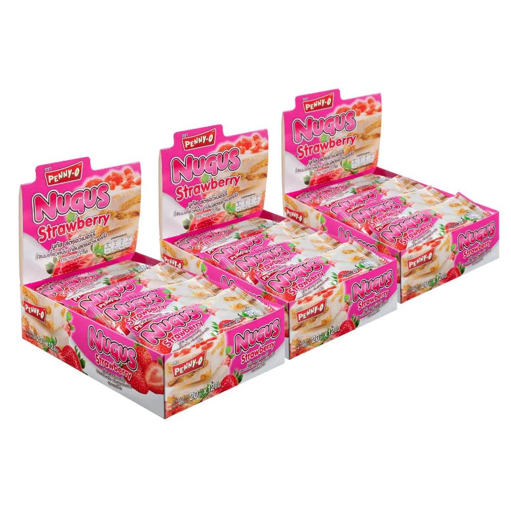 Pennyo Nugus Strawberry Flavor snack pack, 12 pieces of dry grocery confectionery with fruity strawberry flavor, by PENNYO.