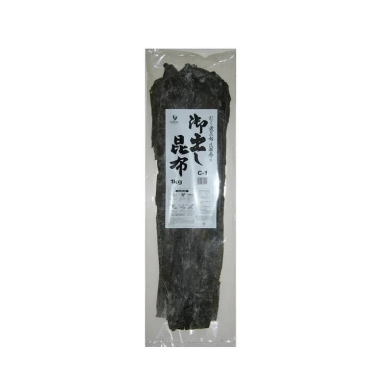 Daishu dried Odashi kombu kelp for side dishes and soup stock, showcasing thin, dark dried kelp strips in a package.