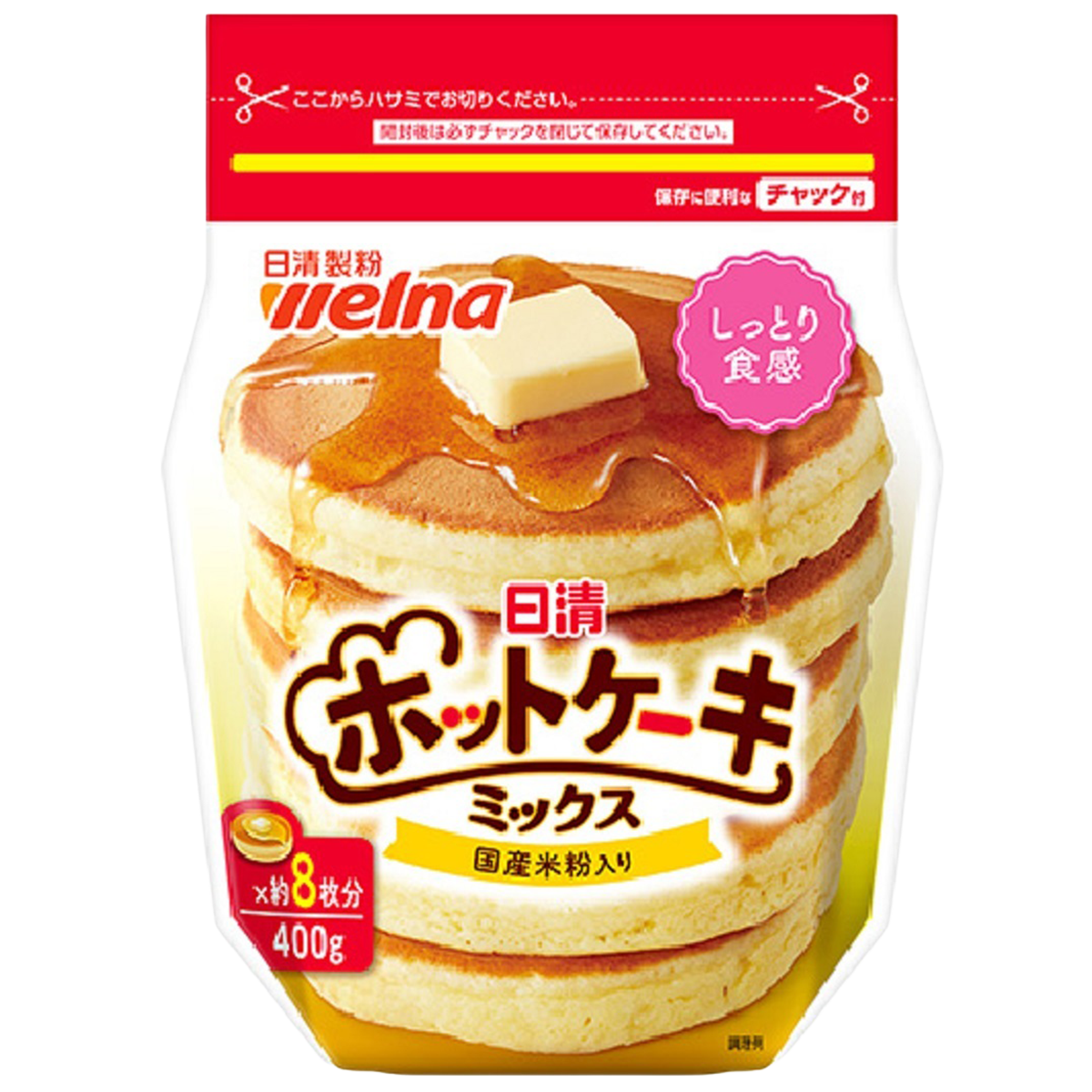 Nisshin Hotcake Mix package showing golden pancakes on a plate, ready to cook, in a grocery product image.