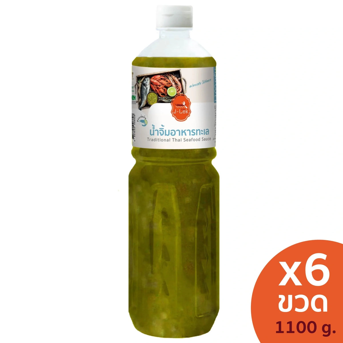 J-LEK Seafood Dipping Sauce bottles in 1100g package, dry grocery item with clear bottles showing dark sauce inside