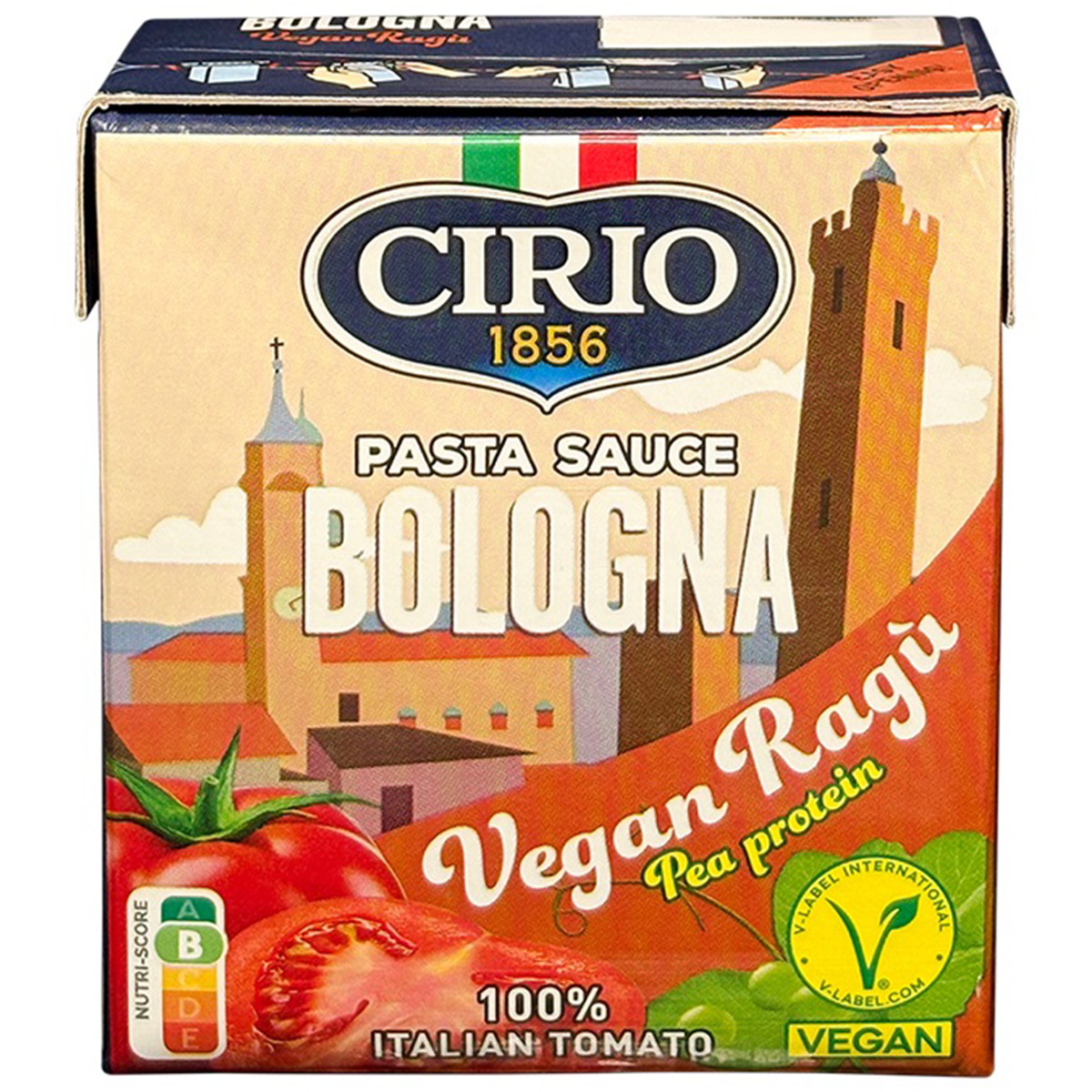 Cirio Vegan Ragu Bologna pasta sauce in a jar, featuring rich tomato and vegetable ingredients, suitable for vegan recipes