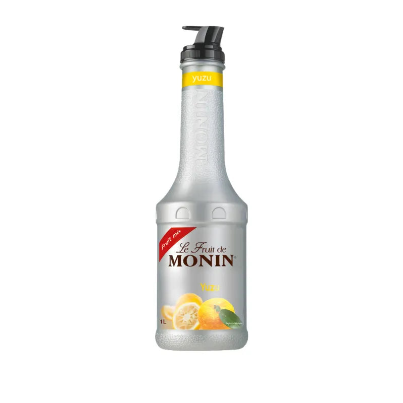 Monin Yuzu Fruitmix 1000ml bottle, a dry grocery product with a yellow label and clear plastic bottle featuring the MONIN brand.