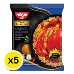 NISSIN Thai Signature Instant Noodles Stir Fried Curry Sea Crab, dry grocery product with cooked noodles and crab flavor seasoning.