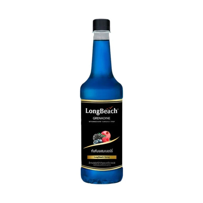 LongBeach Blue Grenadine Syrup bottle for cocktails and beverages, featuring vibrant blue color and clear labeling.