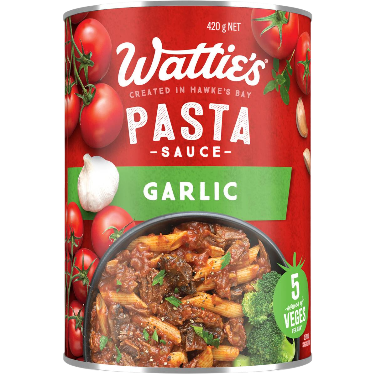 Wattie's Garlic Pasta Sauce in a jar, showing the rich, chunky tomato and garlic sauce suitable for pasta dishes.