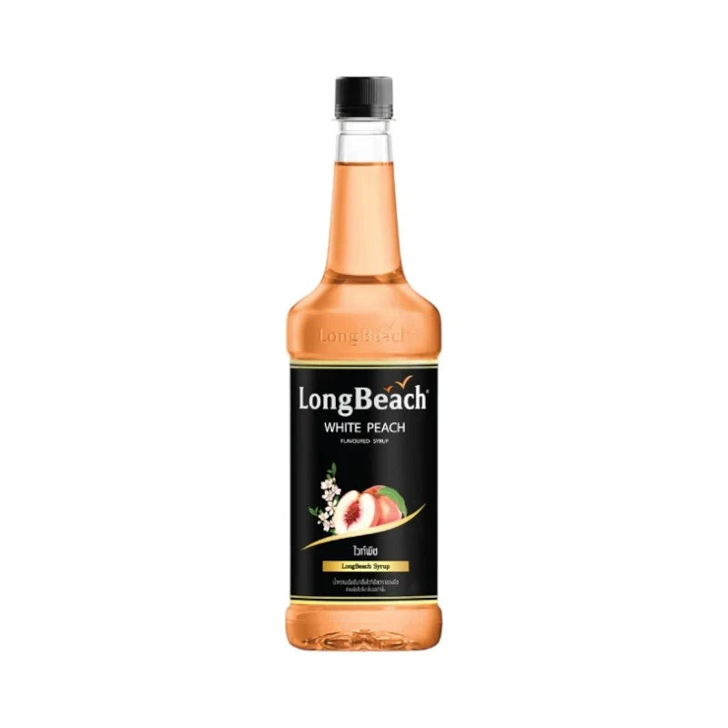 LongBeach White Peach Syrup 740ml bottle, clear container showing the peach-flavored syrup for drinks and desserts.