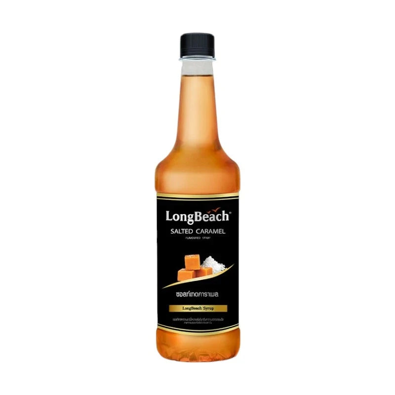 LongBeach Salted Caramel Syrup 740ml bottle, ideal for desserts and coffee, with caramel color and textured label.