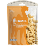 Camel baked cashews, a confectionery snack, shown in the image, featuring roasted cashews coated with a crunchy baked glaze.