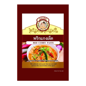 Look-Ped Thai Red Curry Paste jar with label, showcasing vibrant red color and packaging for authentic Thai cooking.