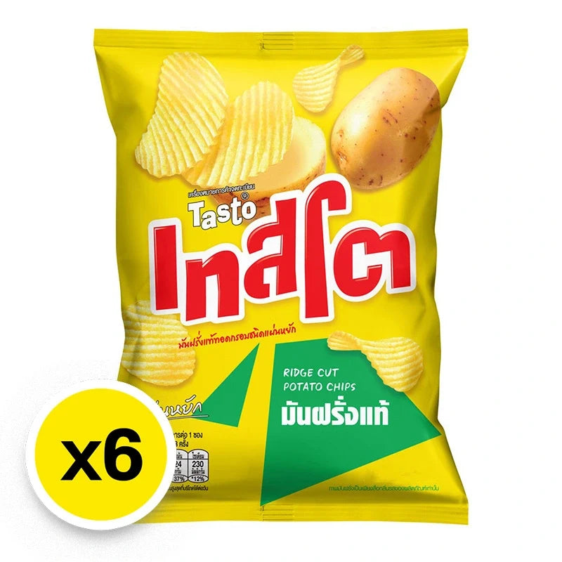 Tasto Potato Chips Salt 42g package, crispy snack in a clear bag, stacked in a box, part of Tasto dry grocery snack collection.