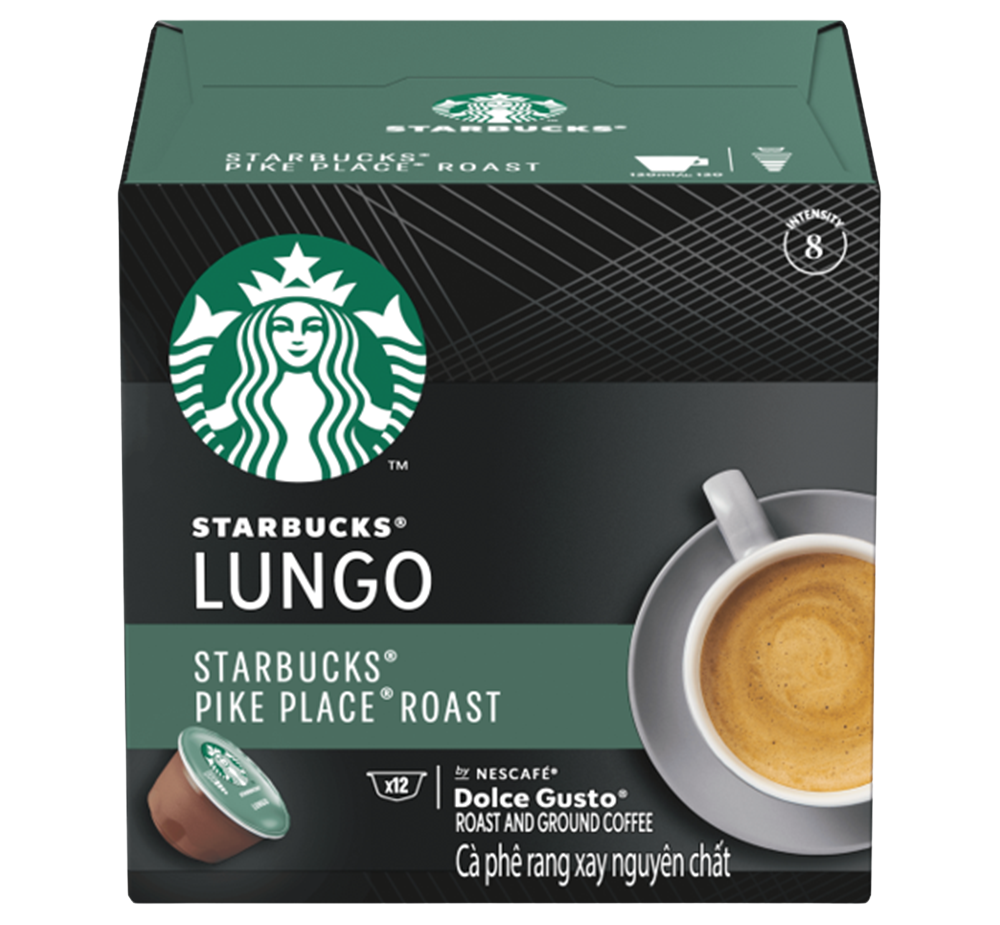Starbucks Dolce Gusto Pike Place Roast Ground Coffee for brewing, showing a bag of Starbucks coffee in a natural setting.