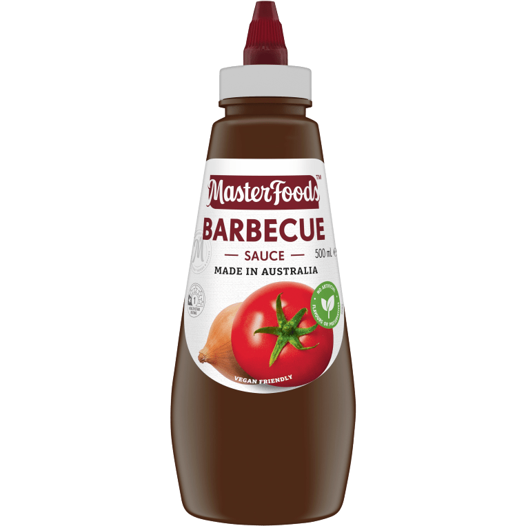 Bottle of Masterfoods Barbeque Sauce with a red cap and label, showing the rich, smoky sauce inside.
