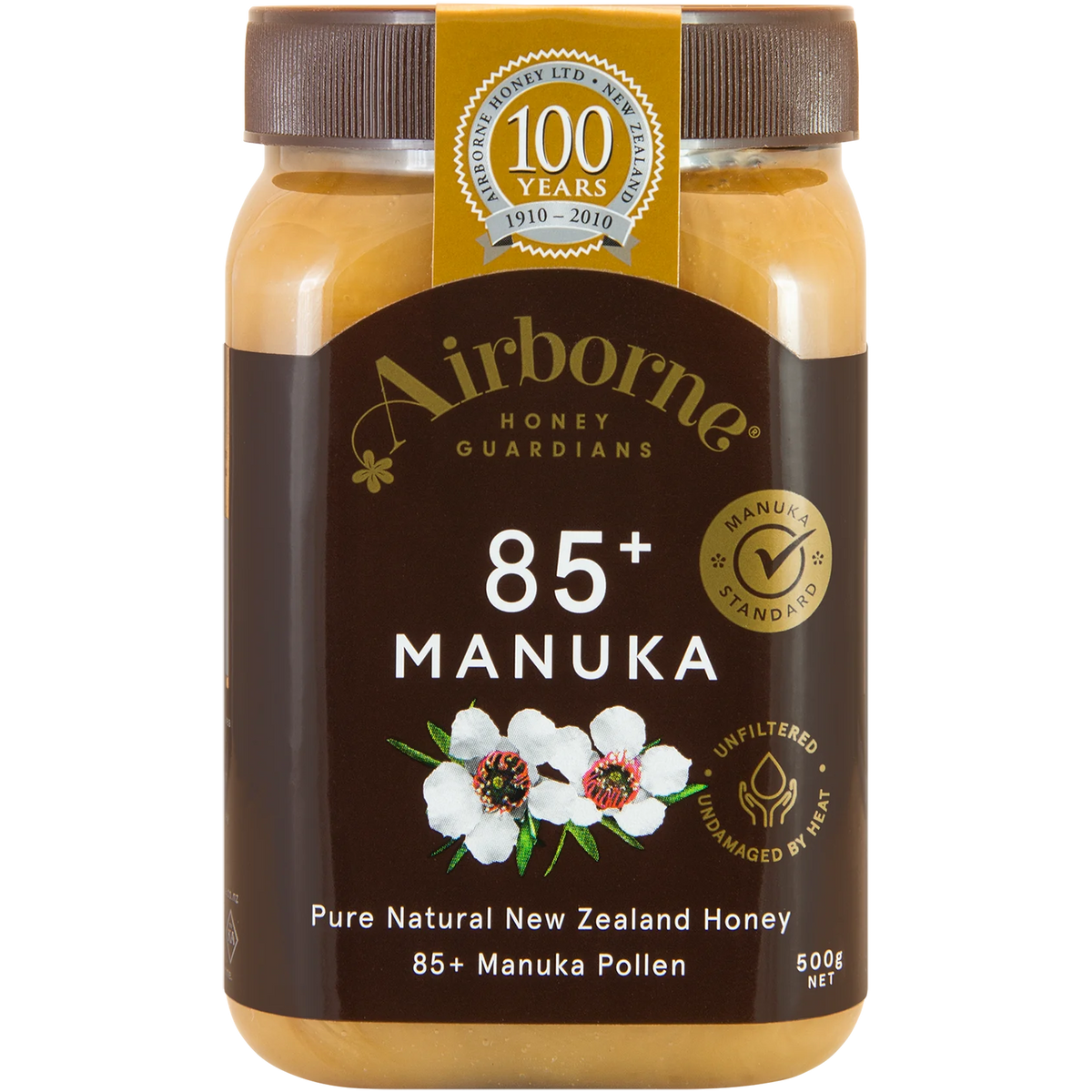 Airborne Manuka Honey Active AAH 85+ jar with honey drizzling from the spoon, showcasing the product's rich, golden texture.