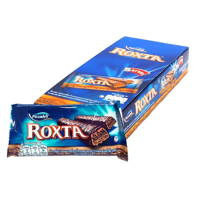 Roxta Chocolate Caramel snack pack, 20g x12, dry grocery confectionery with chocolate and caramel flavors in individual wrappers