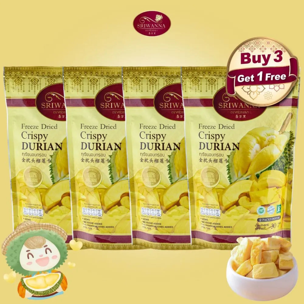 Sriwanna Freeze Dried Crispy Durian 30g in a clear package, showcasing the dried durian slices from the Sriwanna dry grocery brand.
