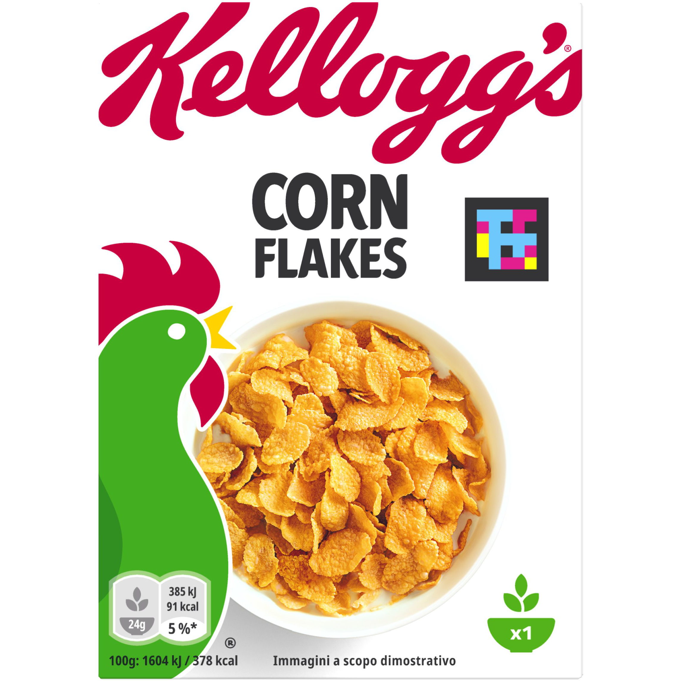 Bowl of Kellogg's Corn Flakes cereal in a white bowl with milk, ready to eat, on a kitchen countertop.