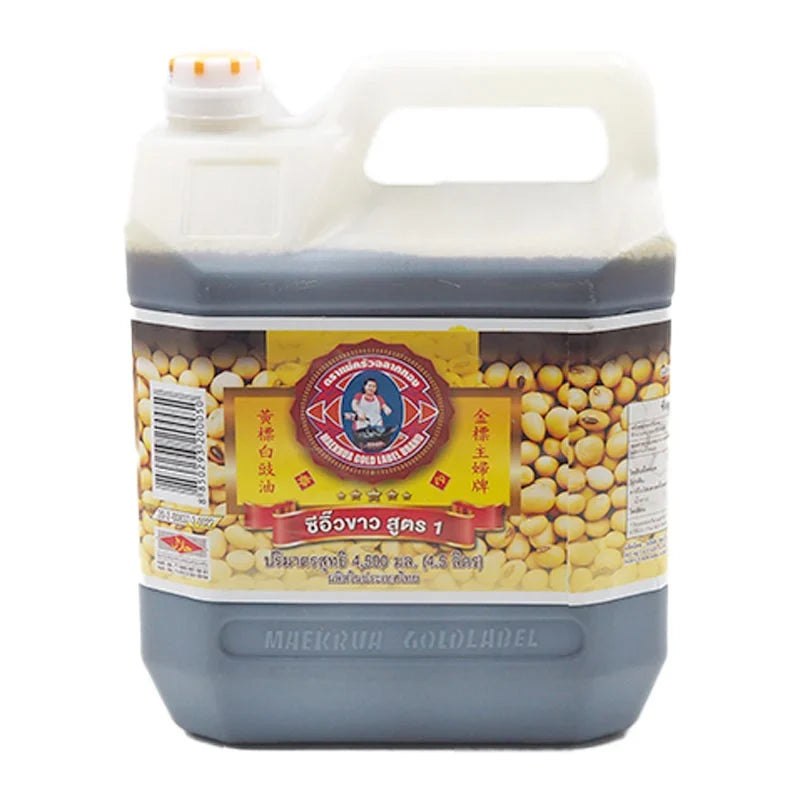 Maekrua Soybean Sauce Formula 1 4.5L bottle, dry grocery product with a white label and red cap, designed for cooking.