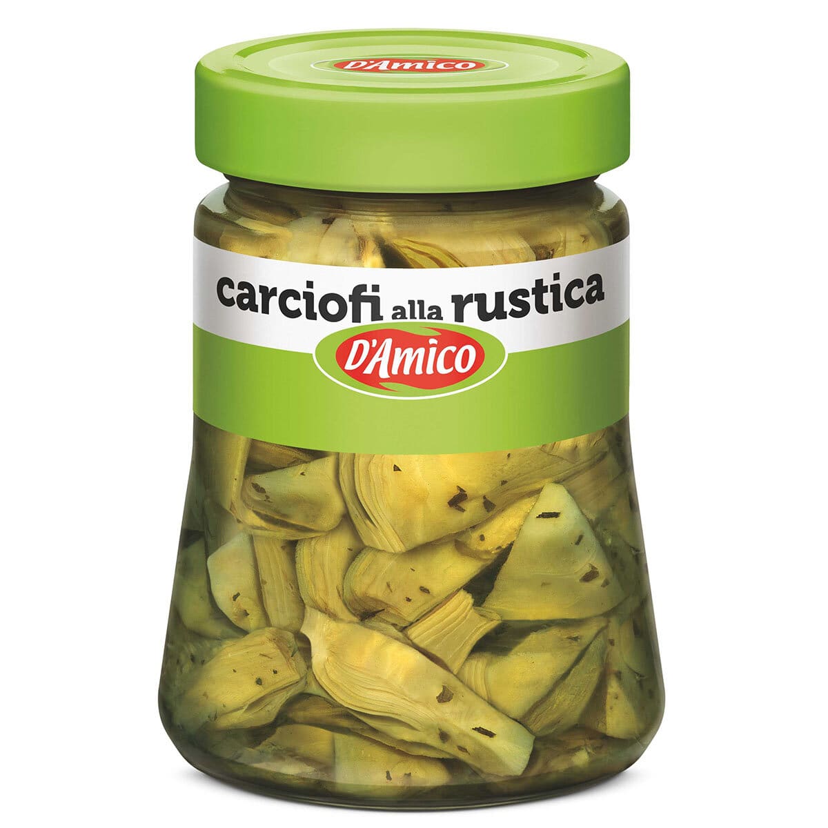 Canned D'Amico Alla Rustic Artichokes in a jar, showcasing whole artichokes preserved in brine for use in cooking or salads.
