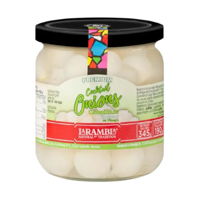 Dry grocery La Rambla Cocktail Onion in a jar, showing small pickled onions with herbs and brine in a clear container.
