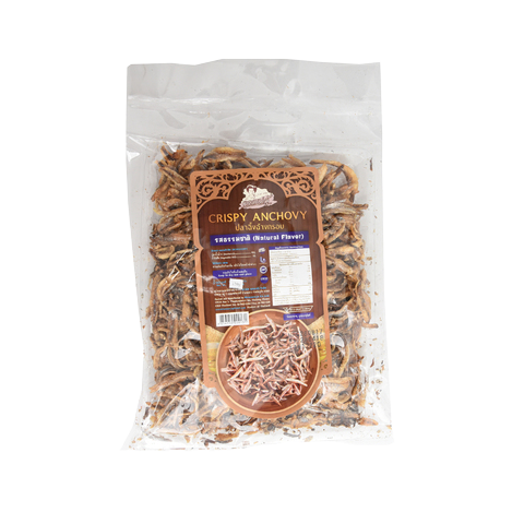 Golden Khunmaeju Crispy Anchovy natural snack in a clear package, showcasing crunchy, seasoned anchovy confectionery by Khunmaeju.