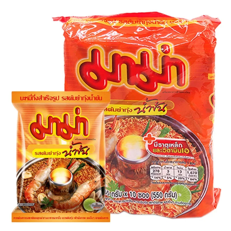 Pack of ten Mama Tomyum Kung Namkon 55g dry grocery instant noodles with spicy shrimp flavor, in a clear plastic package.