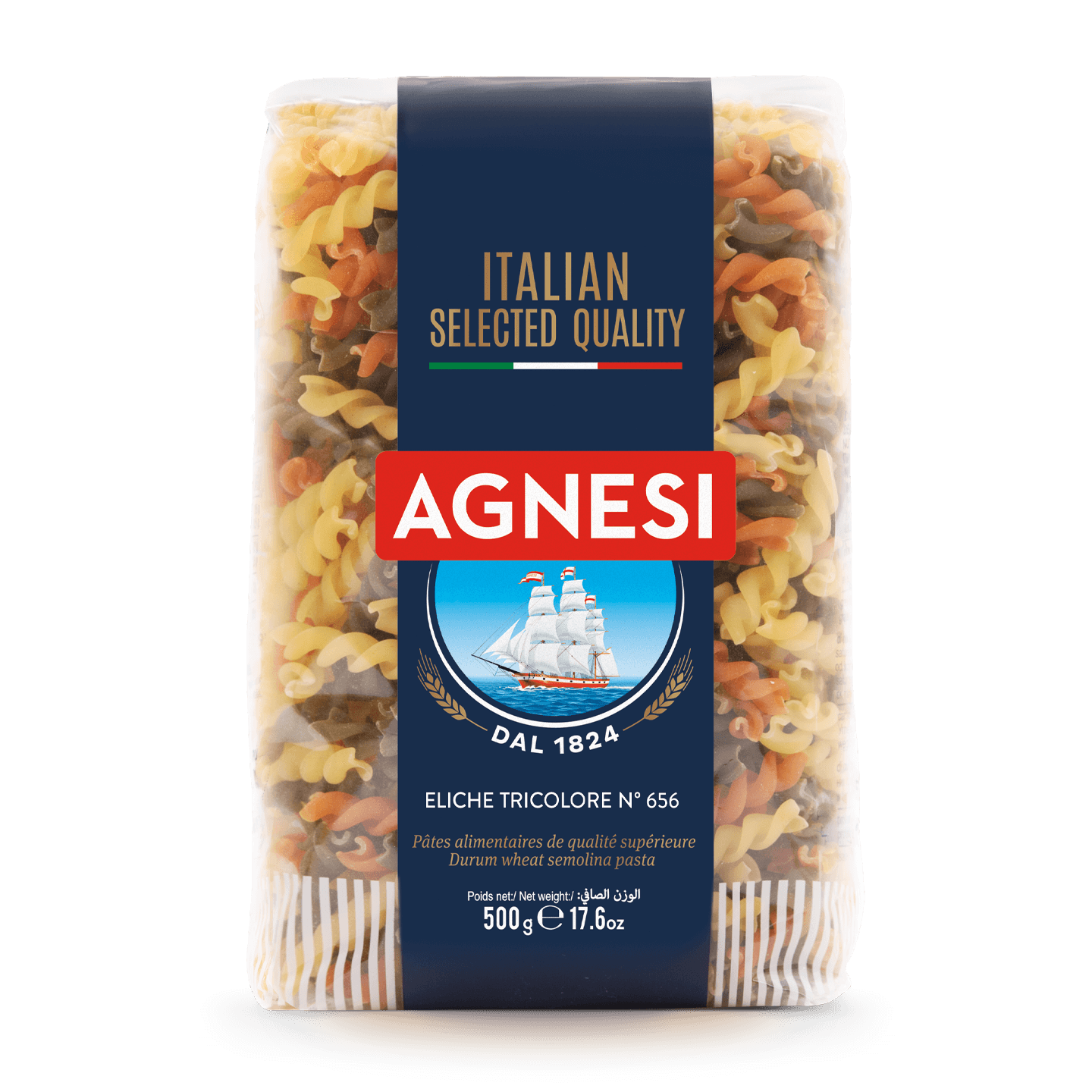 Tricolor Agnesi Eliche pasta in a bowl, showcasing colorful spiral-shaped pasta from Agnesi grocery brand.