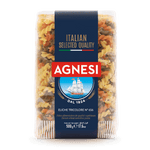 Tricolor Agnesi Eliche pasta in a bowl, showcasing colorful spiral-shaped pasta from Agnesi grocery brand.