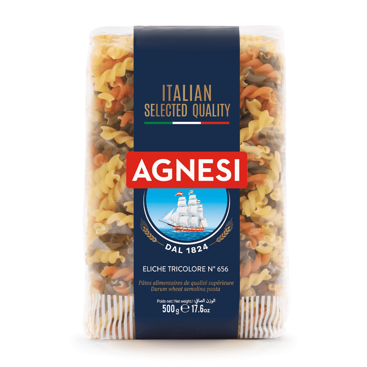 Tricolor Agnesi Eliche pasta in a bowl, showcasing colorful spiral-shaped pasta from Agnesi grocery brand.