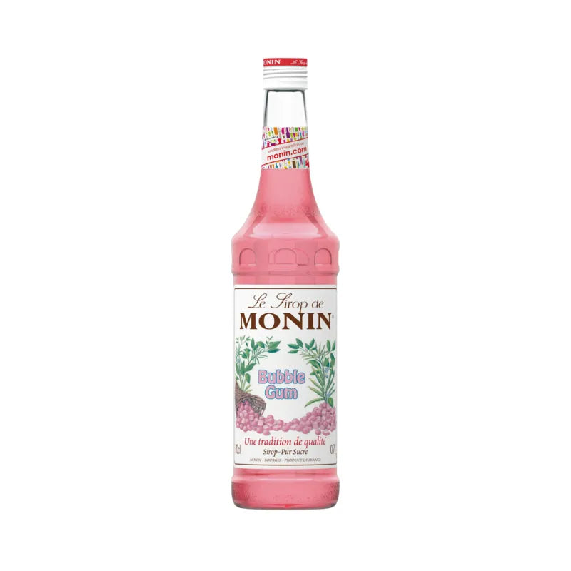 Monin Bubble Gum Syrup 700ml bottle, dry grocery product with pink-colored label and branding for flavoring beverages and desserts.