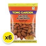 Tong Garden salted almonds in 35g snack packs, displayed in a clear bowl on a wooden surface.