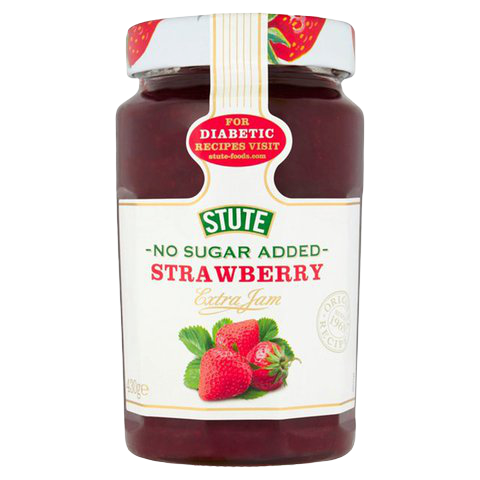 Jar of Stute Strawberry Jam showing fresh strawberries and jam spread on bread, highlighting the healthy grocery product.