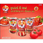 Cans of Super C Chef Sardines in Tomato Sauce, 155g each, arranged in a box for dry grocery shopping.
