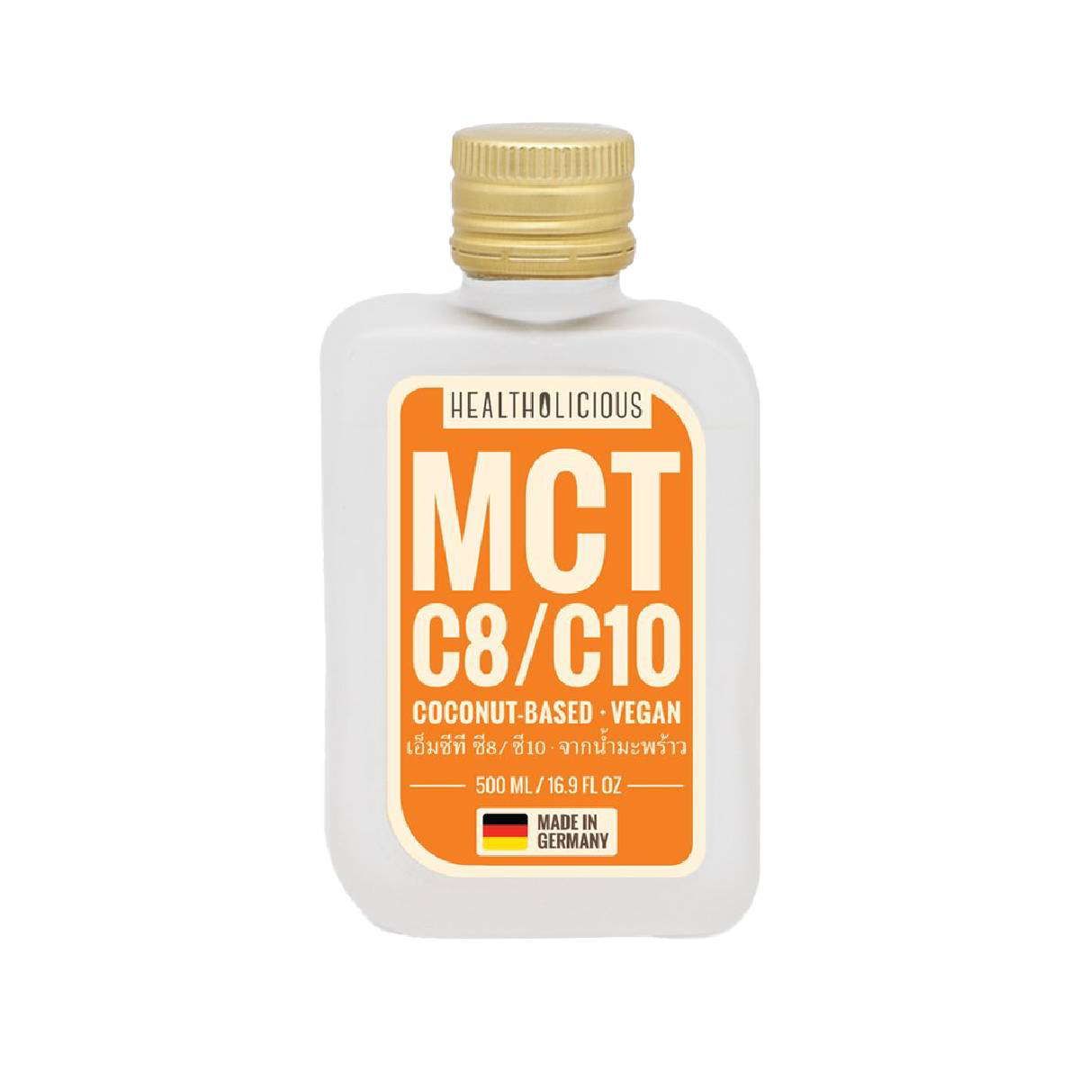 Bottle of Healtholicious 100% pure coconut MCT oil blend with C8 and C10, highlighting the product label and clear bottle design.