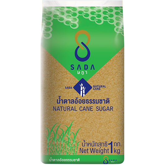 Sada Natural Cane Sugar in a clear package, showing the golden granulated sugar suitable for baking and sweetening beverages.