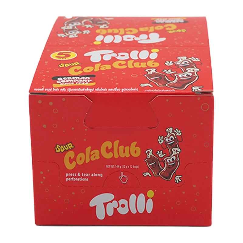 Trolli Sour Cola Club gummy candies in a clear package, showing colorful cola-shaped gummies with sour coating.