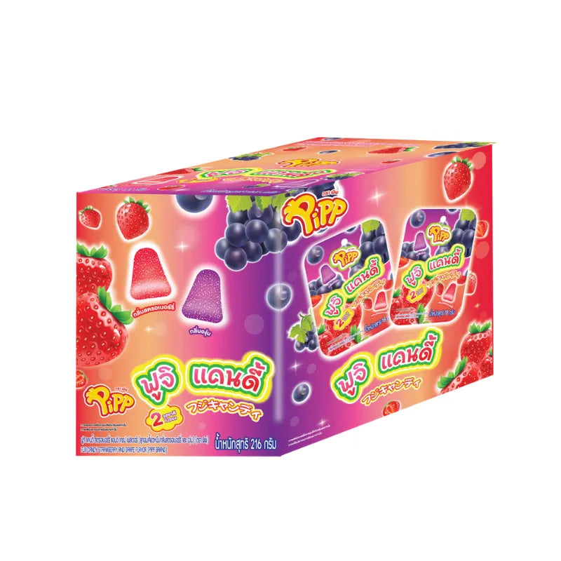 Pipp Fuji Candy strawberry and grape flavor snack pack, 18g x 12 pieces, colorful confectionery for dry grocery and snacks.