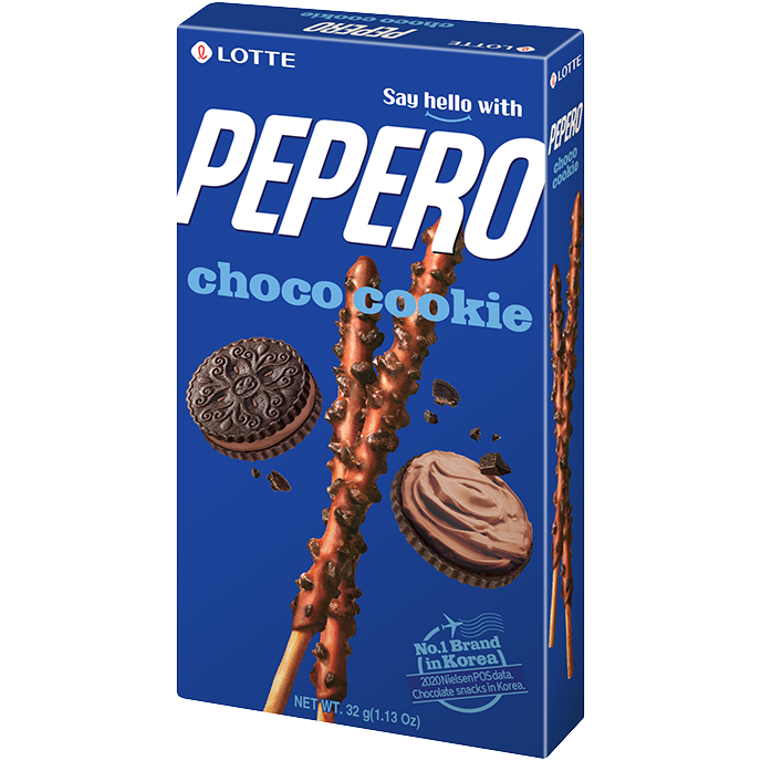 Lotte Pepero Choco Cookie snack box with crispy biscuit sticks coated in chocolate, a popular confectionery treat.