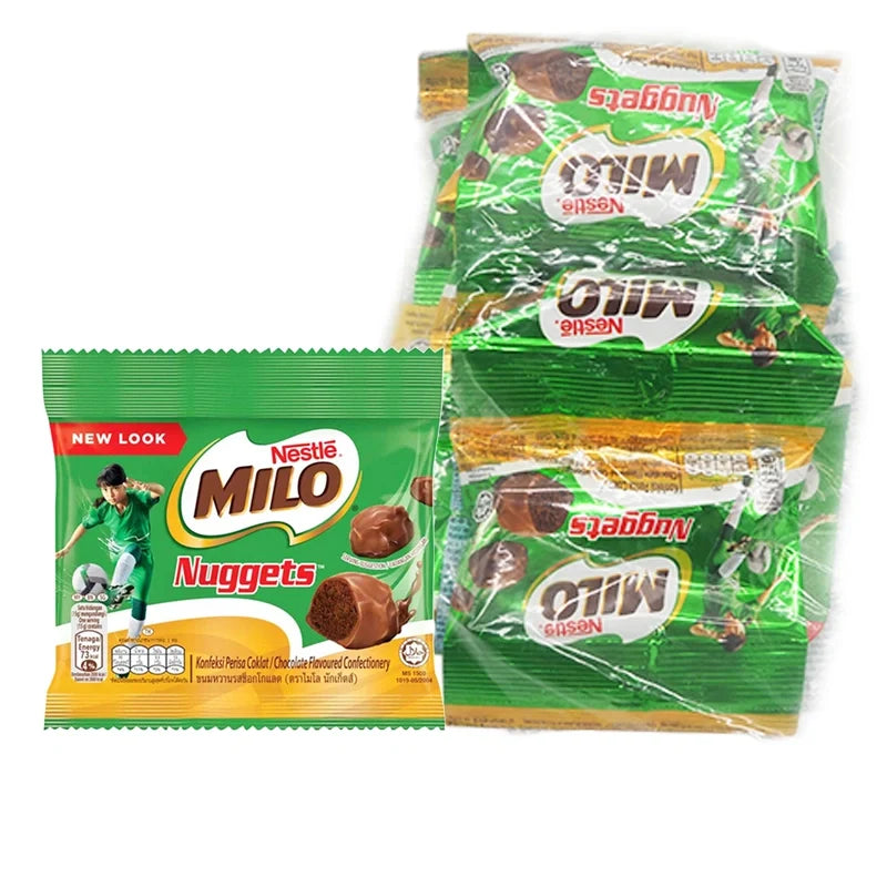 MILO Nuggets Hanging snack pack, 15g x12, colorful cereal treats in a transparent bag with hanging hook, ideal for snacking and confectionery.