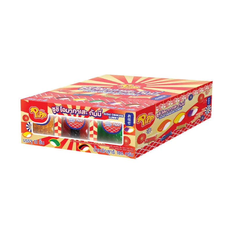 Pipp Omakase Sushi Gummy candies in 16g packs, featuring colorful gummy shapes resembling sushi, part of PIPP snack collection.