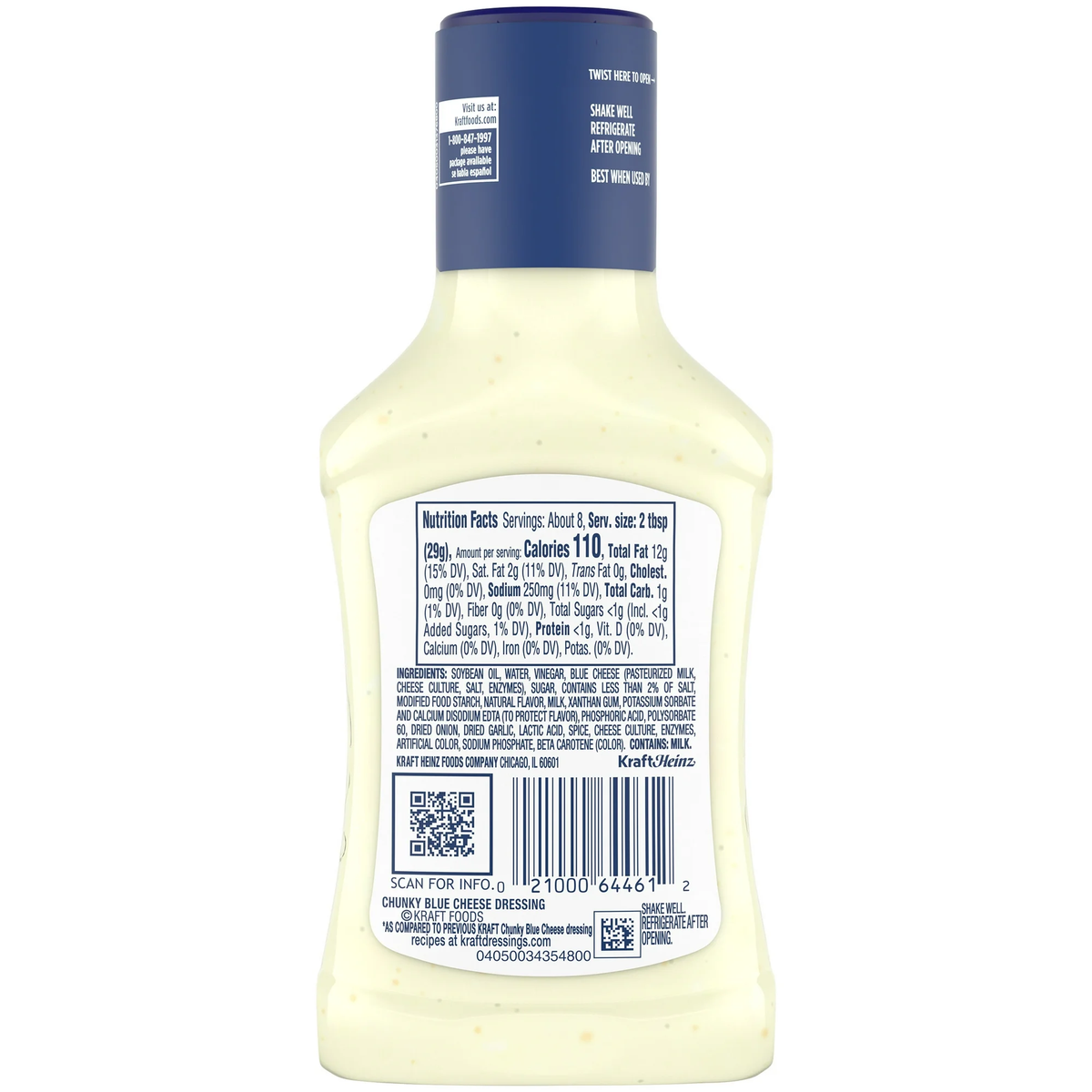 Kraft Chunky Blue Cheese Dressing bottle with blue cheese chunks visible, ideal for salads and dips in grocery product image.