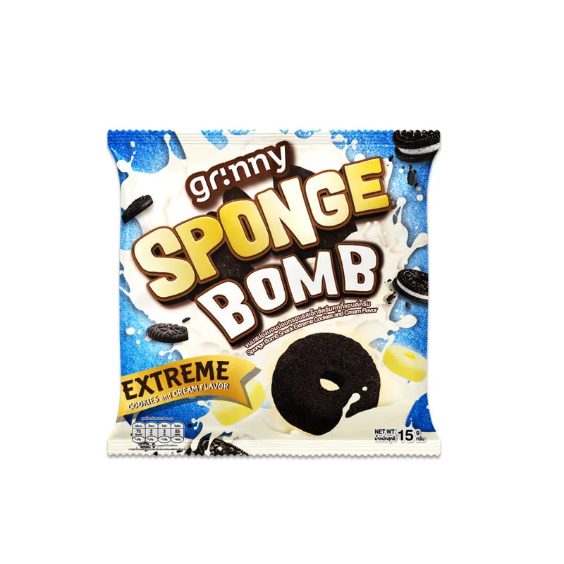 GRINNY Sponge Bomb Snack Extreme Cookies and Cream flavor, 15g x12, dry grocery snack with sponge-like texture and cookies and cream taste.