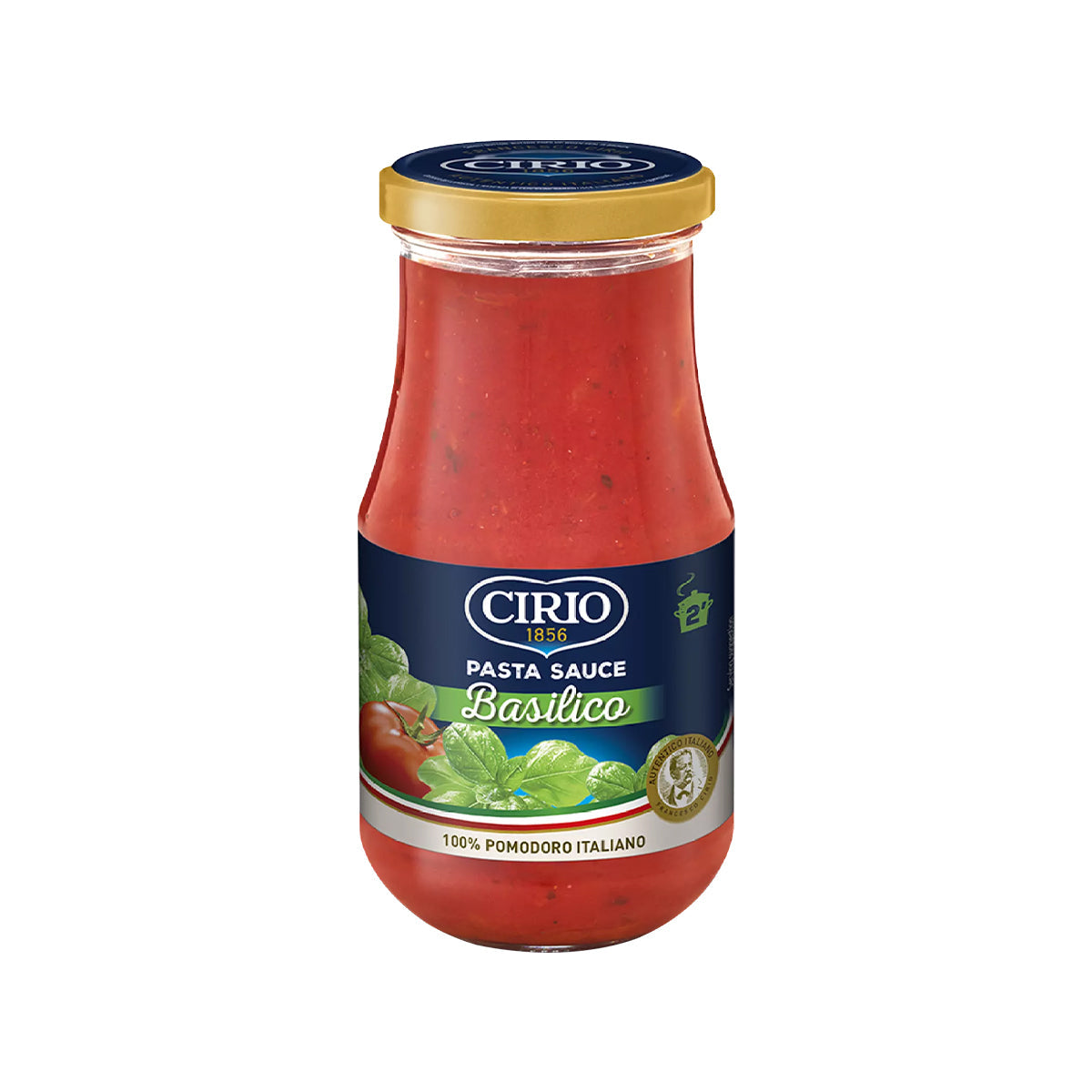 Cirio Pasta Sauce Basilico in a glass jar, with fresh basil and tomato ingredients visible, ideal for Italian dishes.